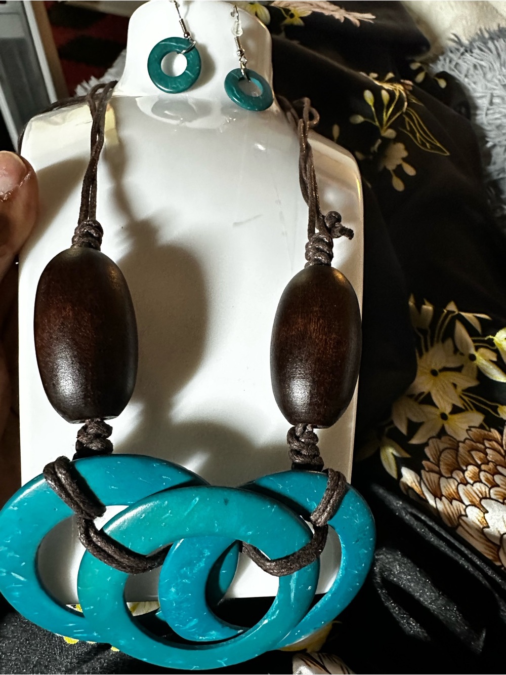Handcrafted Teal Wood and Resin Statement Necklace with Matching Earrings